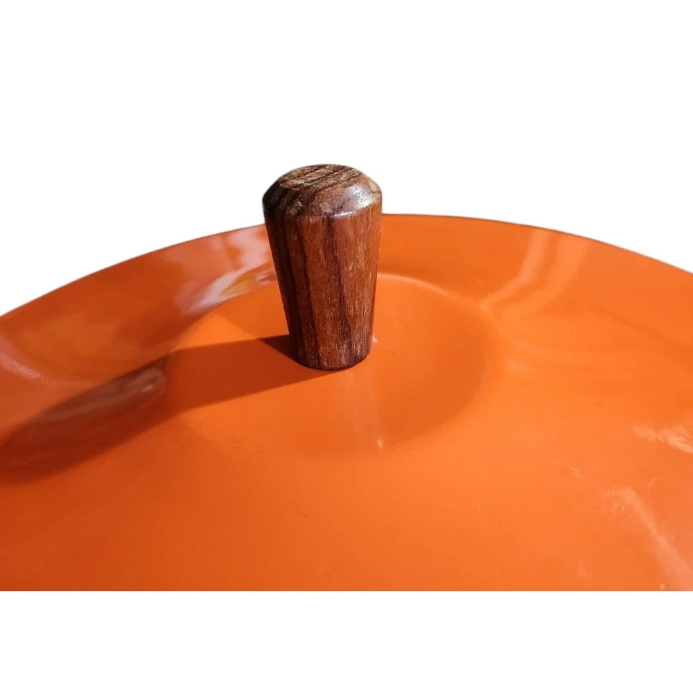 Vintage Enamel Pan and Lid Orange w/ White Flowers Wood Handles Made in Japan